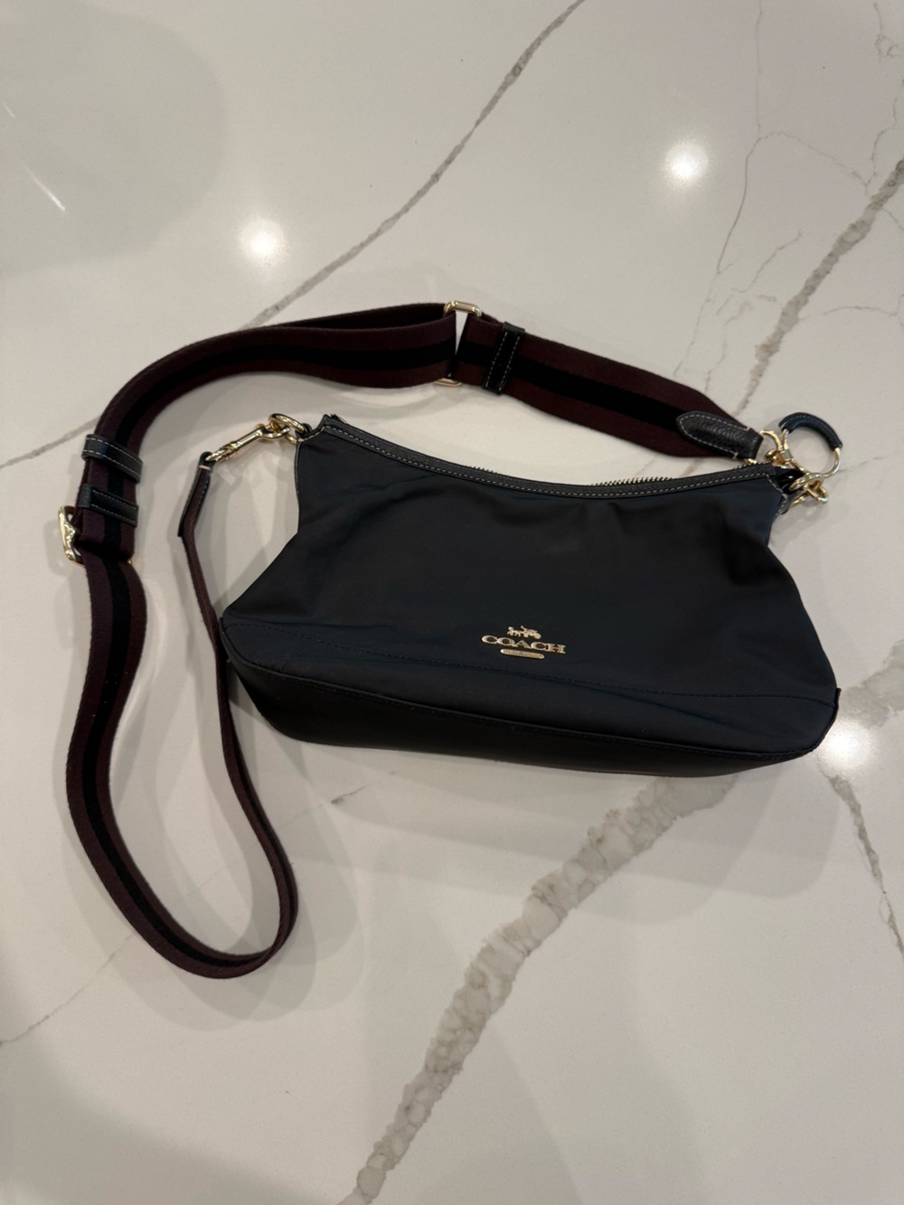 Coach Black Nylon Belt Bag with Burgundy Stripe Strap